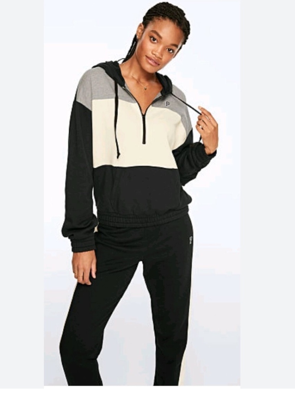 PINK Victoria's Secret Y2K Black and Light Gray Hooded Half-Zip, Size M